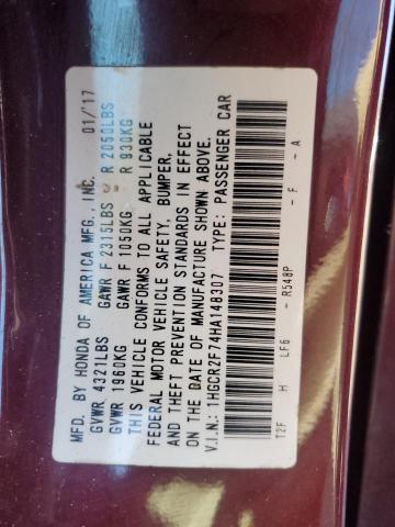 1HGCR2F74HA148307 - 2017 HONDA ACCORD EX BURGUNDY photo 12