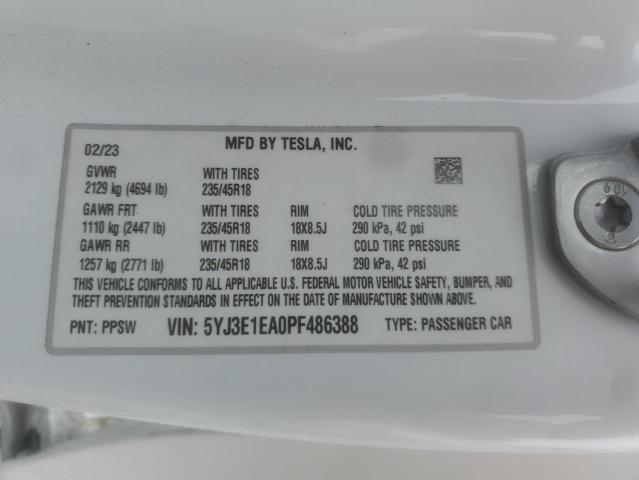 5YJ3E1EA0PF486388 - 2023 TESLA MODEL 3 白色 照片 13