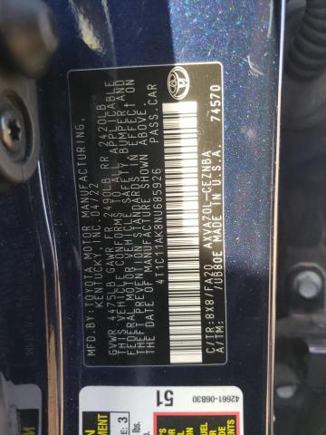 4T1C11AK8NU685926 - 2022 TOYOTA CAMRY LE BLUE photo 12