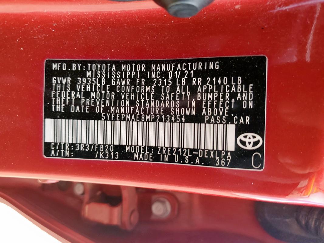 5YFEPMAE8MP213454 - 2021 TOYOTA COROLLA LE 红色 照片 12