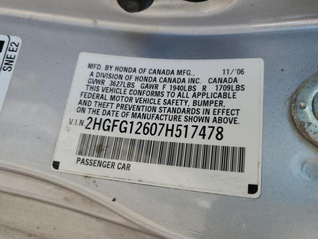 2HGFG12607H517478 - 2007 HONDA CIVIC LX ვერცხლისფერი ფოტო 12