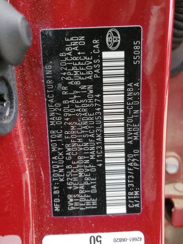 4T1C31AK3LU534774 - 2020 TOYOTA CAMRY LE BURGUNDY photo 13