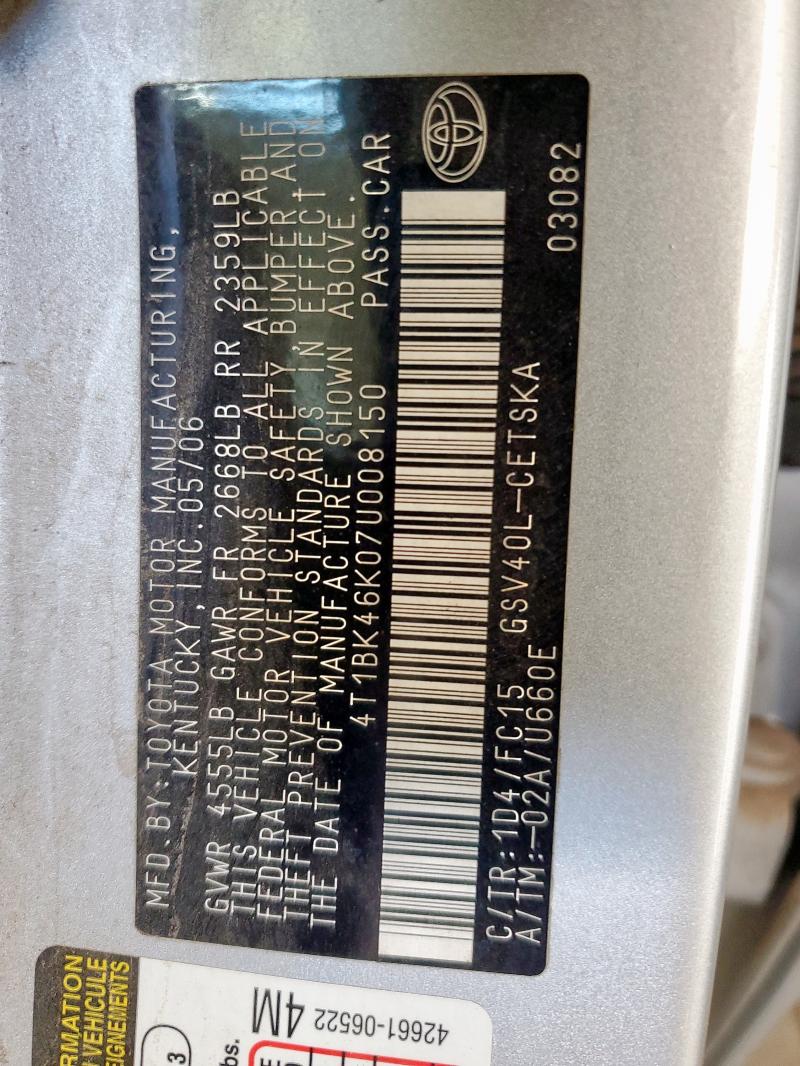 4T1BK46K07U008150 - 2007 TOYOTA CAMRY LE 银色 照片 12