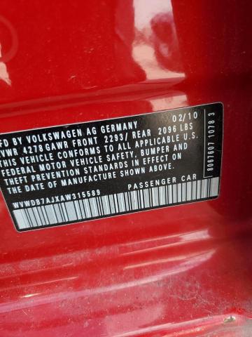 WVWDB7AJXAW315589 - 2010 VOLKSWAGEN GOLF RED photo 12