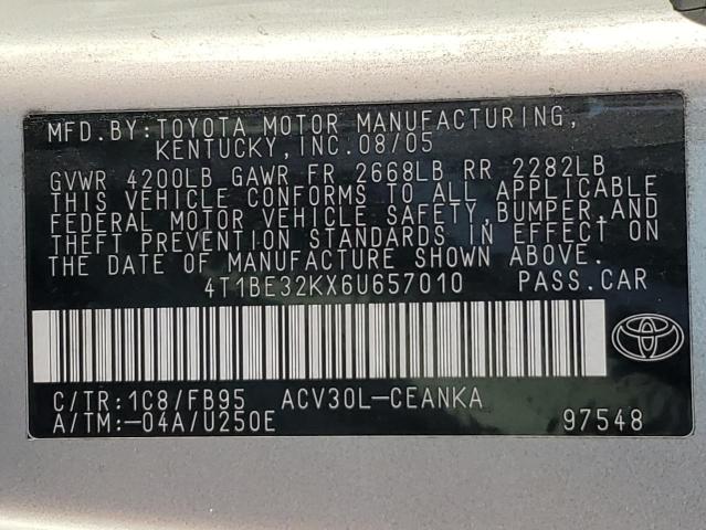 4T1BE32KX6U657010 - 2006 TOYOTA CAMRY LE ვერცხლისფერი ფოტო 12