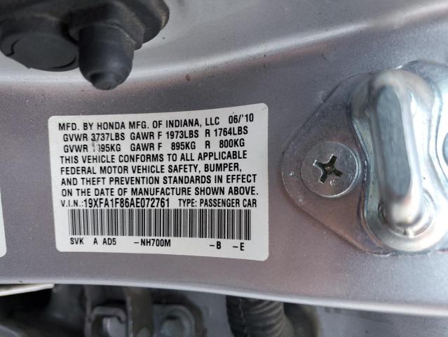 19XFA1F86AE072761 - 2010 HONDA CIVIC EX SILVER photo 12