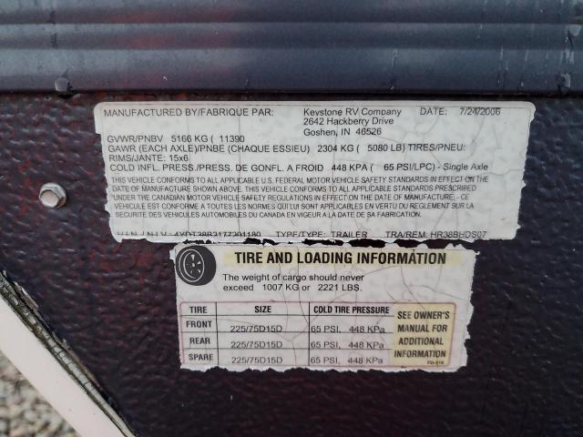 4YDT38B2177201180 - 2007 KEYSTONE HORNET أبيض صورة 10