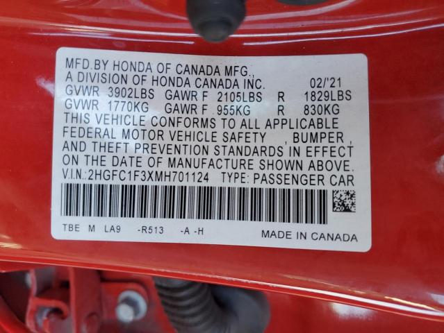 2HGFC1F3XMH701124 - 2021 HONDA CIVIC EX RED photo 12