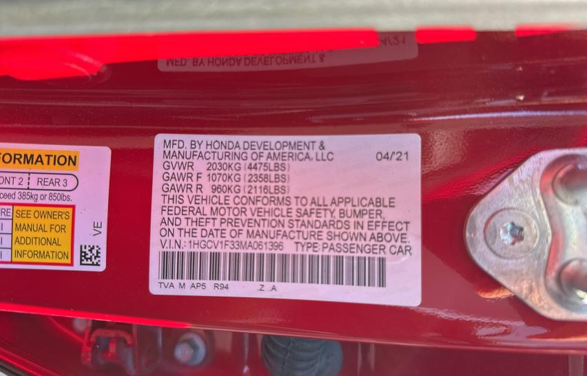 1HGCV1F33MA061396 - 2021 HONDA ACCORD SPORT RED photo 10