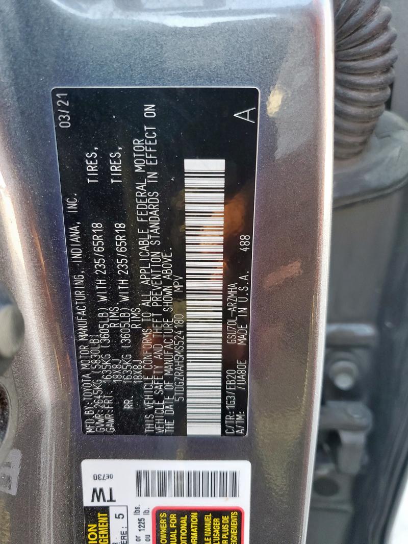 5TDGZRAH5MS524180 - 2021 TOYOTA HIGHLANDER XLE 灰色 照片 12