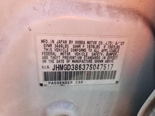 JHMGD38637S047517 - 2007 HONDA FIT S WHITE photo 12