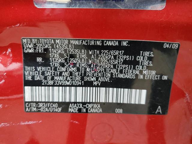 2T3BF33V99W010941 - 2009 TOYOTA RAV4 RED photo 13