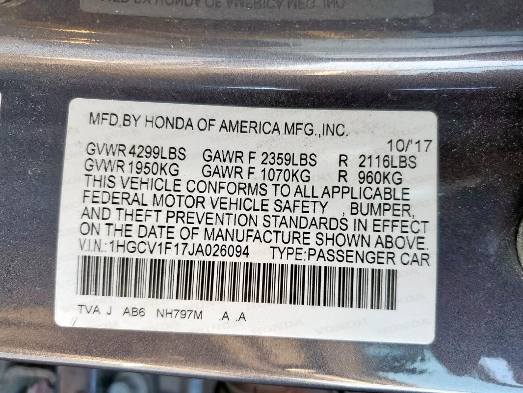 1HGCV1F17JA026094 - 2018 HONDA ACCORD LX Gri fotoğraf 12