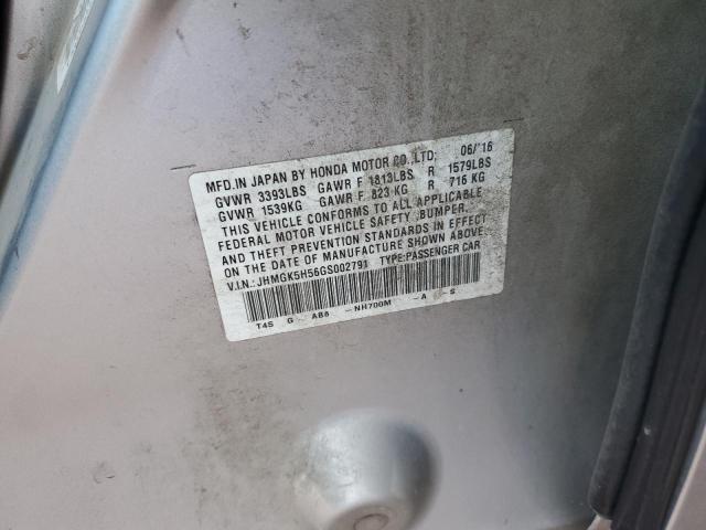 JHMGK5H56GS002791 - 2016 HONDA FIT LX ვერცხლისფერი ფოტო 13