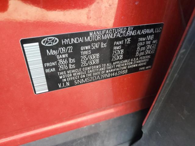 5NMS2DAJ9NH463988 - 2022 HYUNDAI SANTA FE SEL RED photo 13