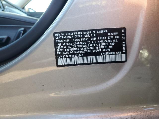 1VWBT7A32GC022542 - 2016 VOLKSWAGEN PASSAT SE Qızıl foto 12