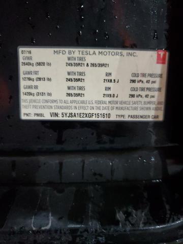5YJSA1E2XGF151610 - 2016 TESLA MODEL S BLACK photo 12