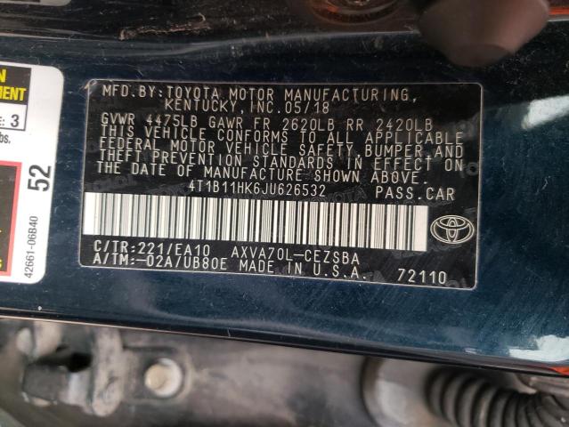 4T1B11HK6JU626532 - 2018 TOYOTA CAMRY L BLUE photo 12