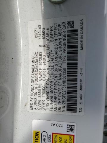 2HGFE2F51NH501350 - 2022 HONDA CIVIC SPORT 白色 照片 12