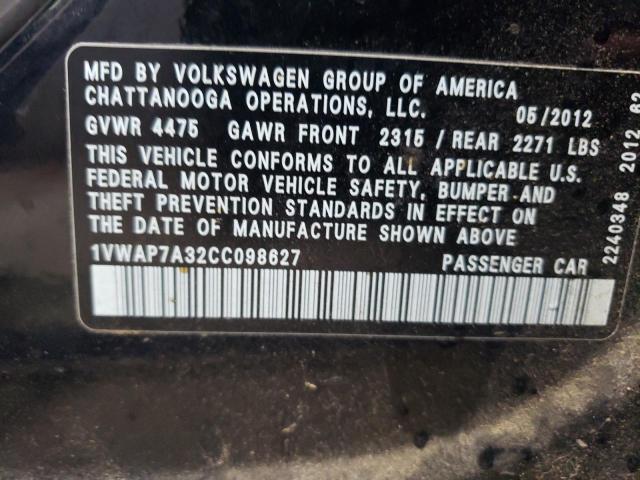 1VWAP7A32CC098627 - 2012 VOLKSWAGEN PASSAT S BLACK photo 12