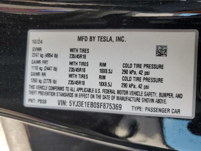 5YJ3E1EB0SF875369 - 2025 TESLA MODEL 3 黑色 照片 12