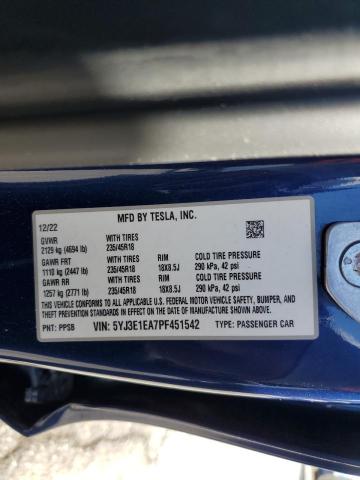 5YJ3E1EA7PF451542 - 2023 TESLA MODEL 3 BLUE photo 12