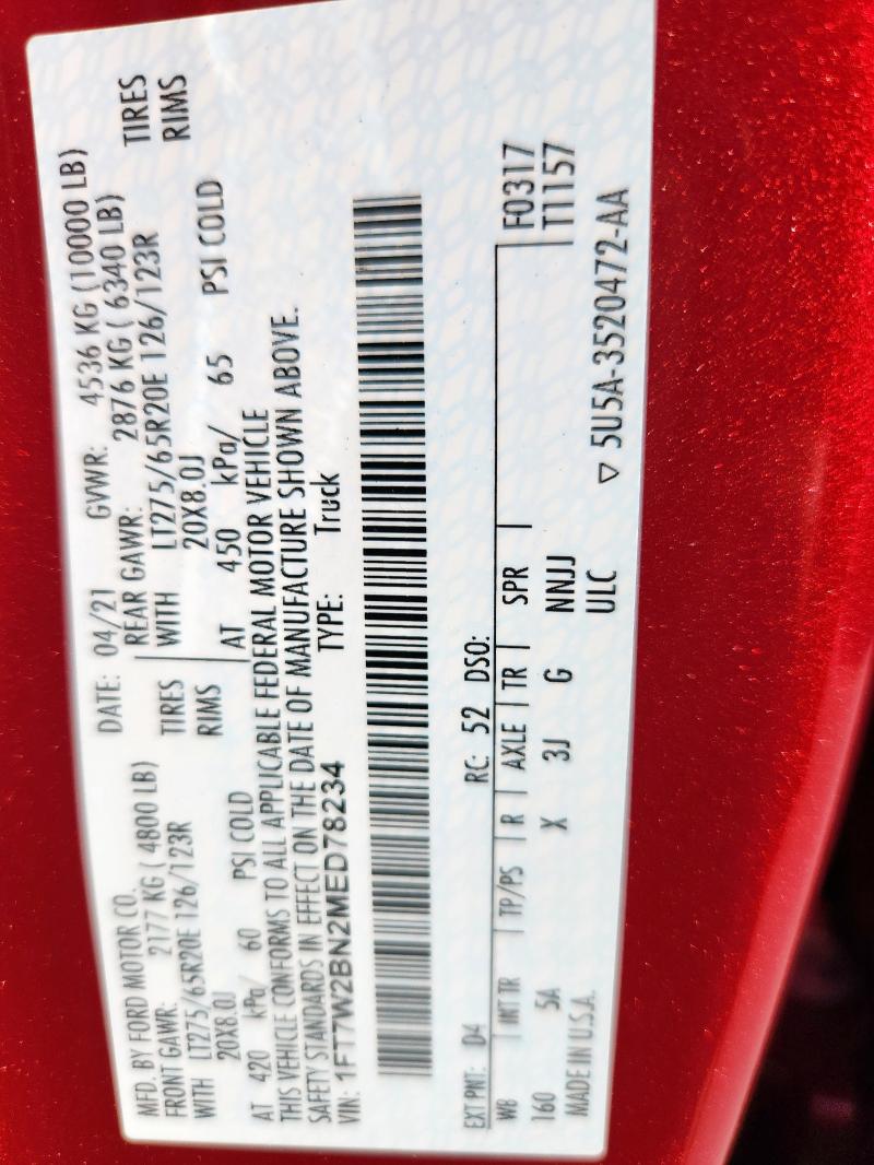 1FT7W2BN2MED78234 - 2021 FORD F250 SUPER DUTY RED photo 12