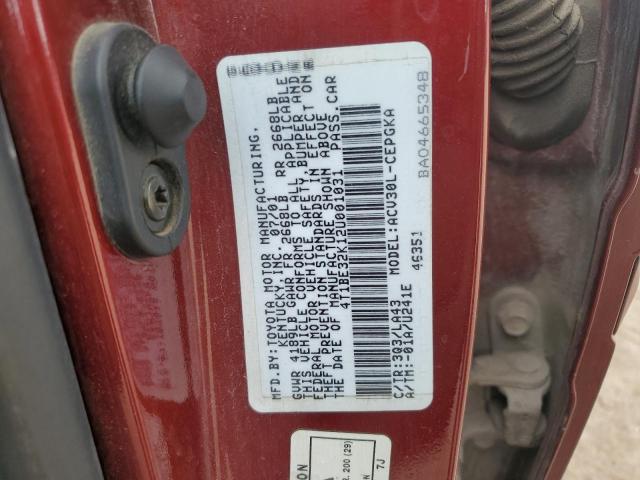 4T1BE32K12U001031 - 2002 TOYOTA CAMRY LE MAROON photo 12