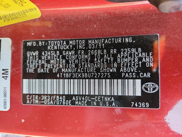 4T1BF3EK9BU727275 - 2011 TOYOTA CAMRY BASE 红色 照片 12