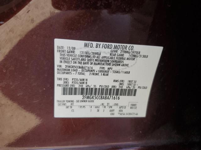 2FMGK5CC8ABA71616 - 2010 FORD FLEX SEL Burdeos foto 12