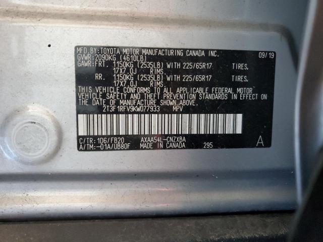 2T3F1RFV9KW077933 - 2019 TOYOTA RAV4 LE Արծաթագույն լուսանկար 13