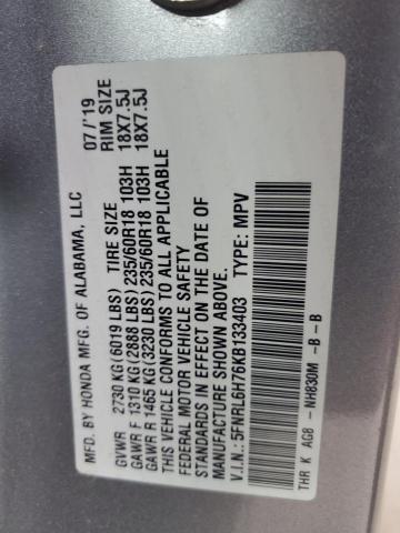5FNRL6H76KB133403 - 2019 HONDA ODYSSEY EXL Plata foto 13