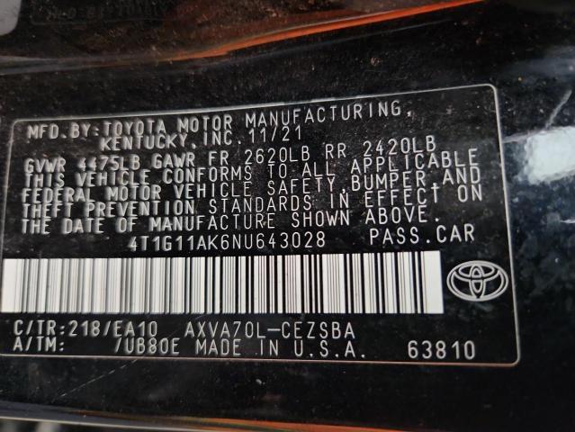 4T1G11AK6NU643028 - 2022 TOYOTA CAMRY SE 黑色 照片 12