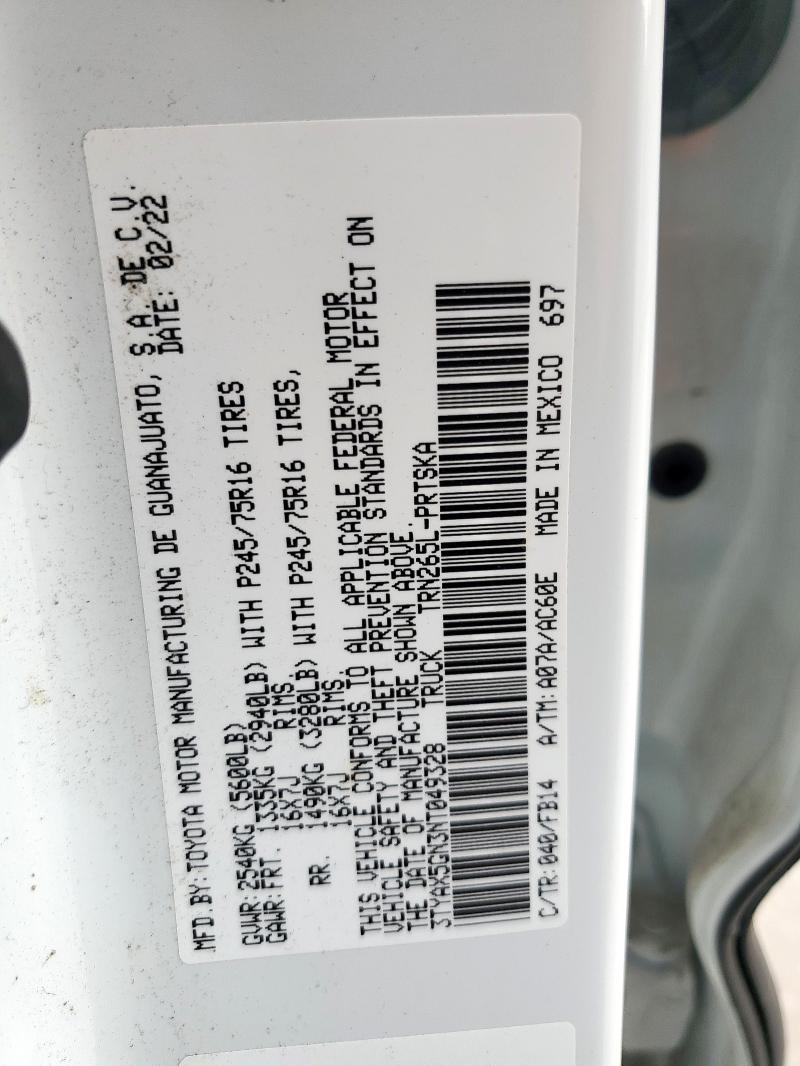 3TYAX5GN3NT049328 - 2022 TOYOTA TACOMA DOUBLE CAB WHITE photo 12