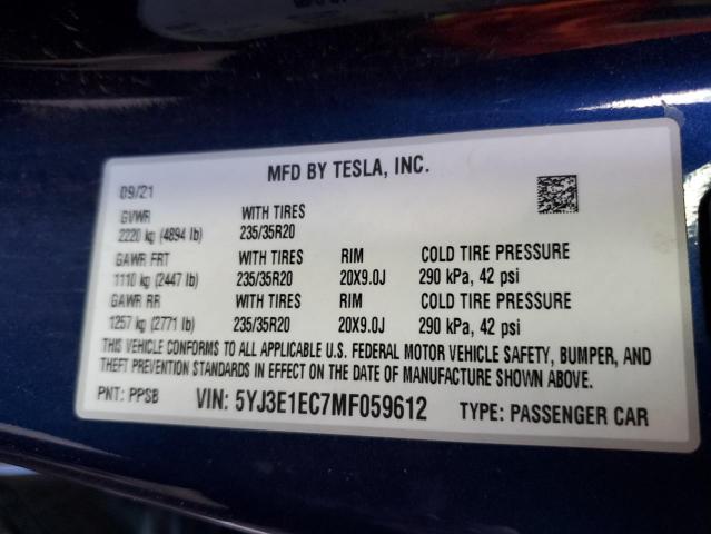 5YJ3E1EC7MF059612 - 2021 TESLA MODEL 3 أزرق صورة 12