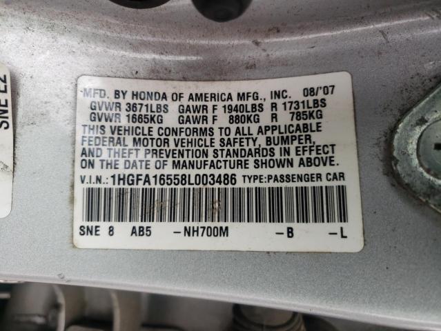 1HGFA16558L003486 - 2008 HONDA CIVIC LX SILVER photo 12