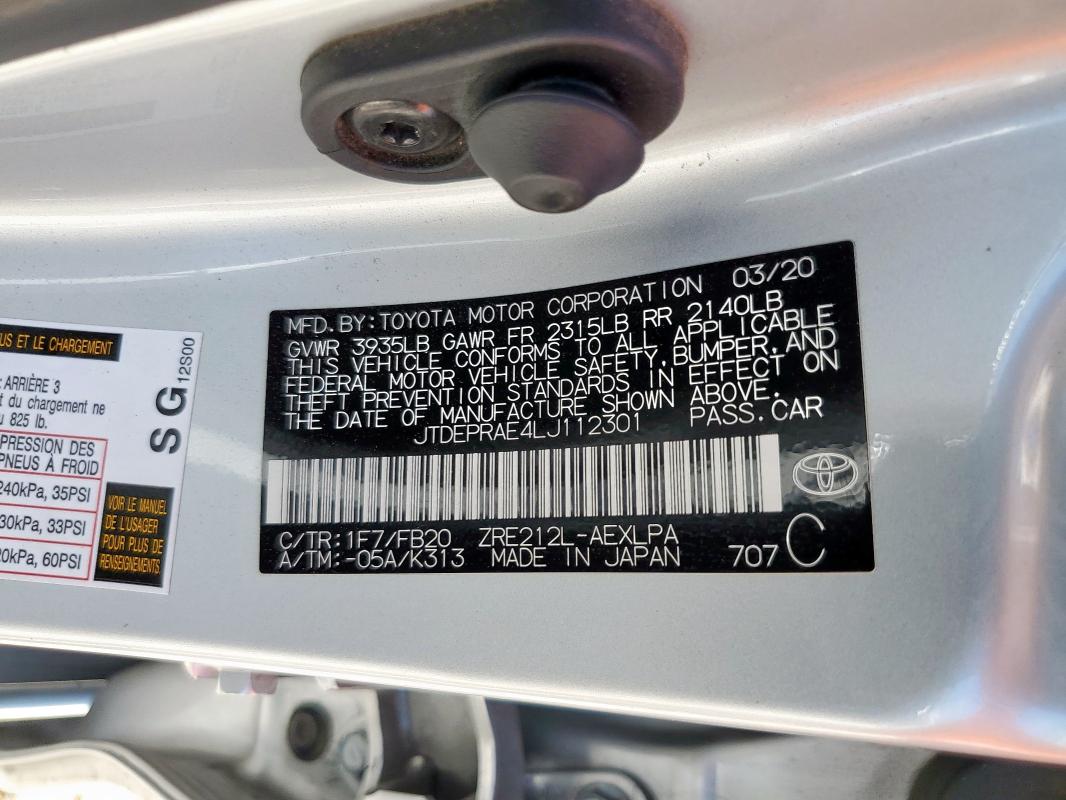 JTDEPRAE4LJ112301 - 2020 TOYOTA COROLLA LE 银色 照片 12