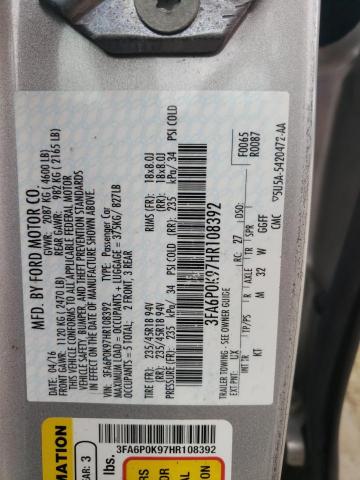 3FA6P0K97HR108392 - 2017 FORD FUSION TITANIUM 银色 照片 12