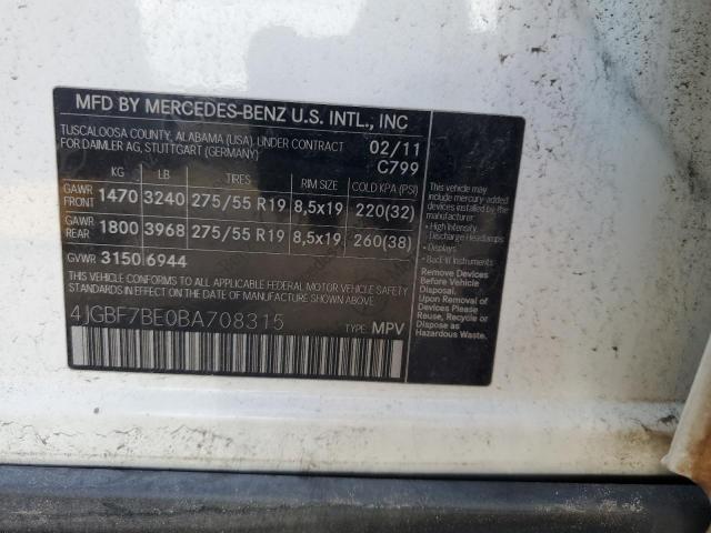 4JGBF7BE0BA708315 - 2011 MERCEDES-BENZ GL 450 4MATIC WHITE photo 13