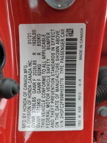 2HGFC2F89MH535776 - 2021 HONDA CIVIC SPORT წითელი ფოტო 12