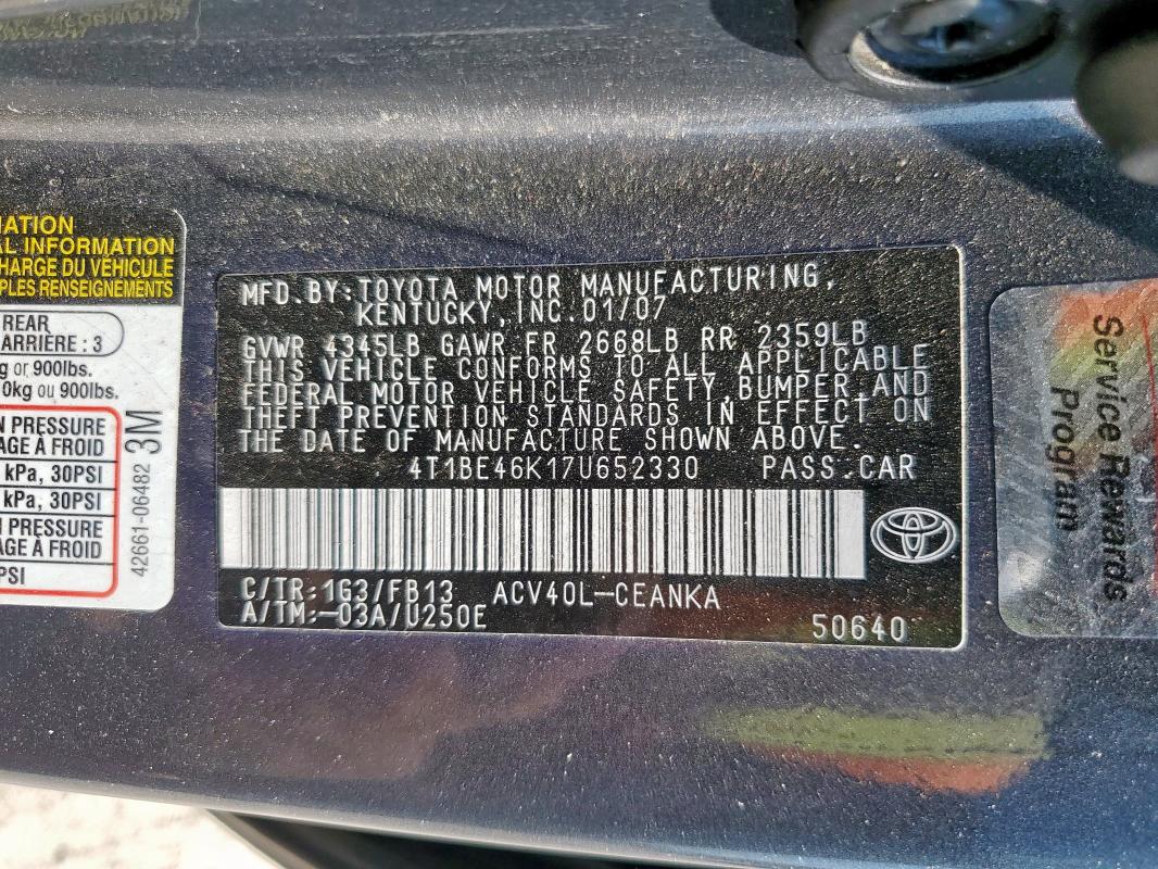 4T1BE46K17U652330 - 2007 TOYOTA CAMRY CE GRAY photo 12