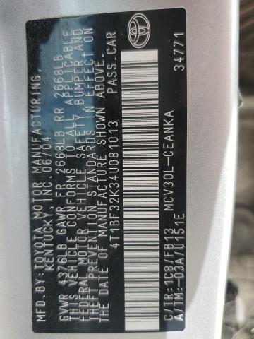 4T1BF32K34U081013 - 2004 TOYOTA CAMRY LE Argent photo 13