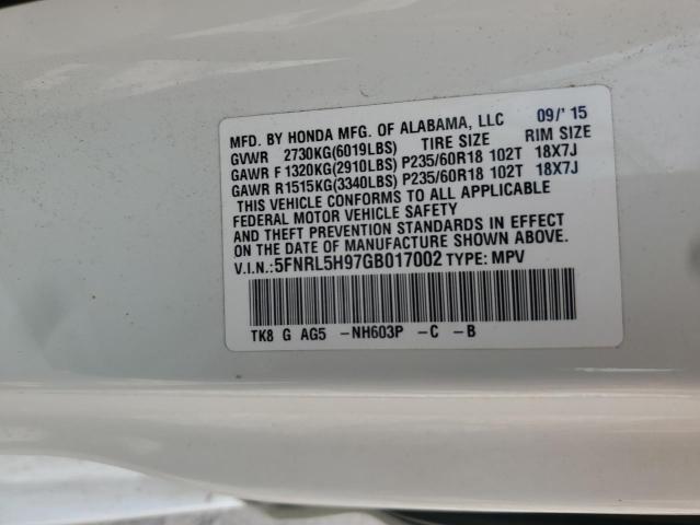 5FNRL5H97GB017002 - 2016 HONDA ODYSSEY TOURING 白色 照片 13