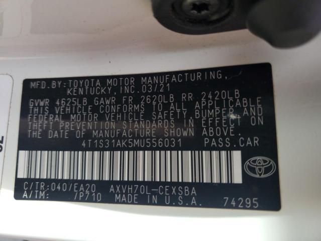 4T1S31AK5MU556031 - 2021 TOYOTA CAMRY SE 白色 照片 12