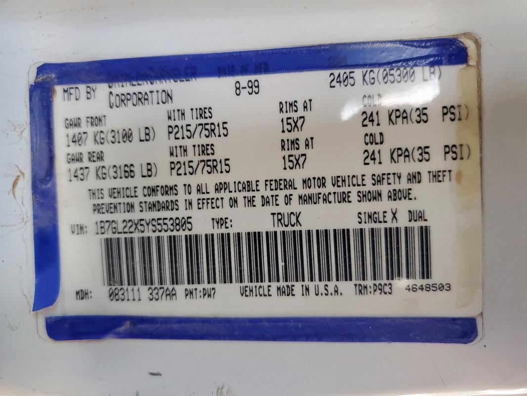 1B7GL22X5YS553805 - 2000 DODGE DAKOTA 白色 照片 12