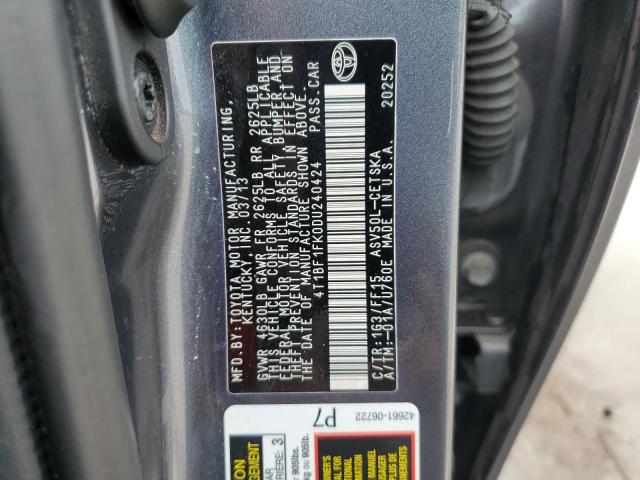 4T1BF1FK0DU240424 - 2013 TOYOTA CAMRY L CHARCOAL photo 12