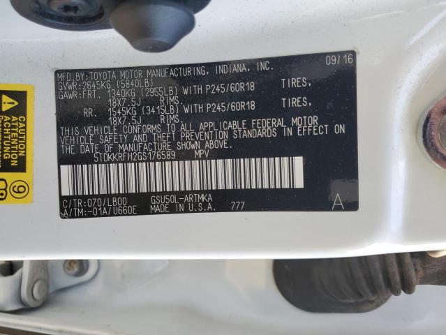 5TDKKRFH2GS176589 - 2016 TOYOTA HIGHLANDER XLE Սպիտակ լուսանկար 13