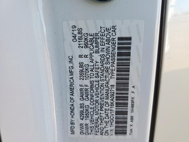 1HGCV1F16KA092718 - 2019 HONDA ACCORD LX თეთრი ფოტო 12