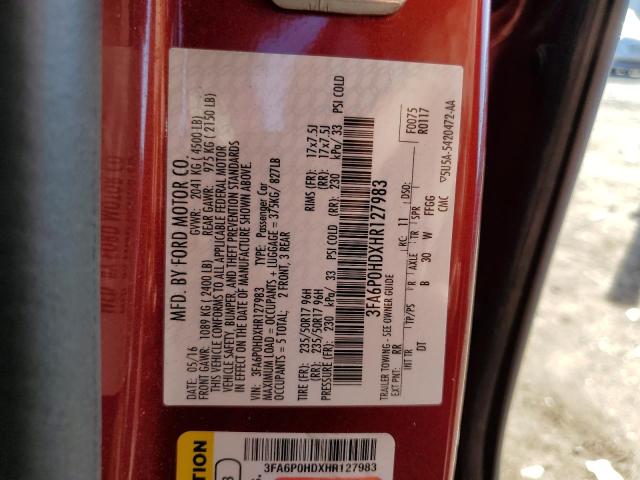 3FA6P0HDXHR127983 - 2017 FORD FUSION SE RED photo 12