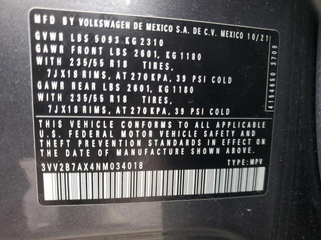 3VV2B7AX4NM034018 - 2022 VOLKSWAGEN TIGUAN SE Szary zdjęcie 13